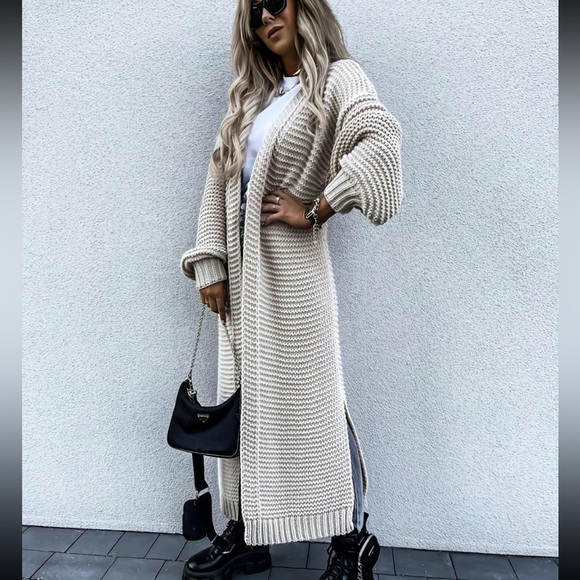 🍂New Khaki Solid Knit Longline Open Front Bishop Sleeve Split Hem Cardigan Med - Picture 3 of 16